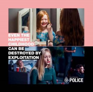 Exploitation Destroys Childhoods campaign photo of a young girl applying lipstick shown above a young female holding a bottle of alcohol