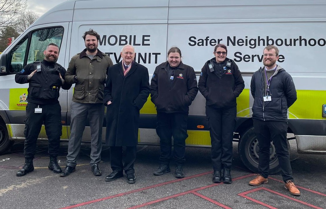 Neighbourhood wardens, staff from the Police and Crime Commissioner's Office and the PCC stand next to the mobile CCTV van in Barnsley